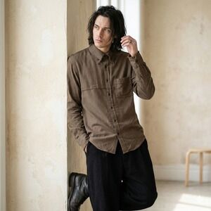 Yohji Yamamoto Y's Button Down Shirt Mens Large Olive Brown Distressed Raw Edge